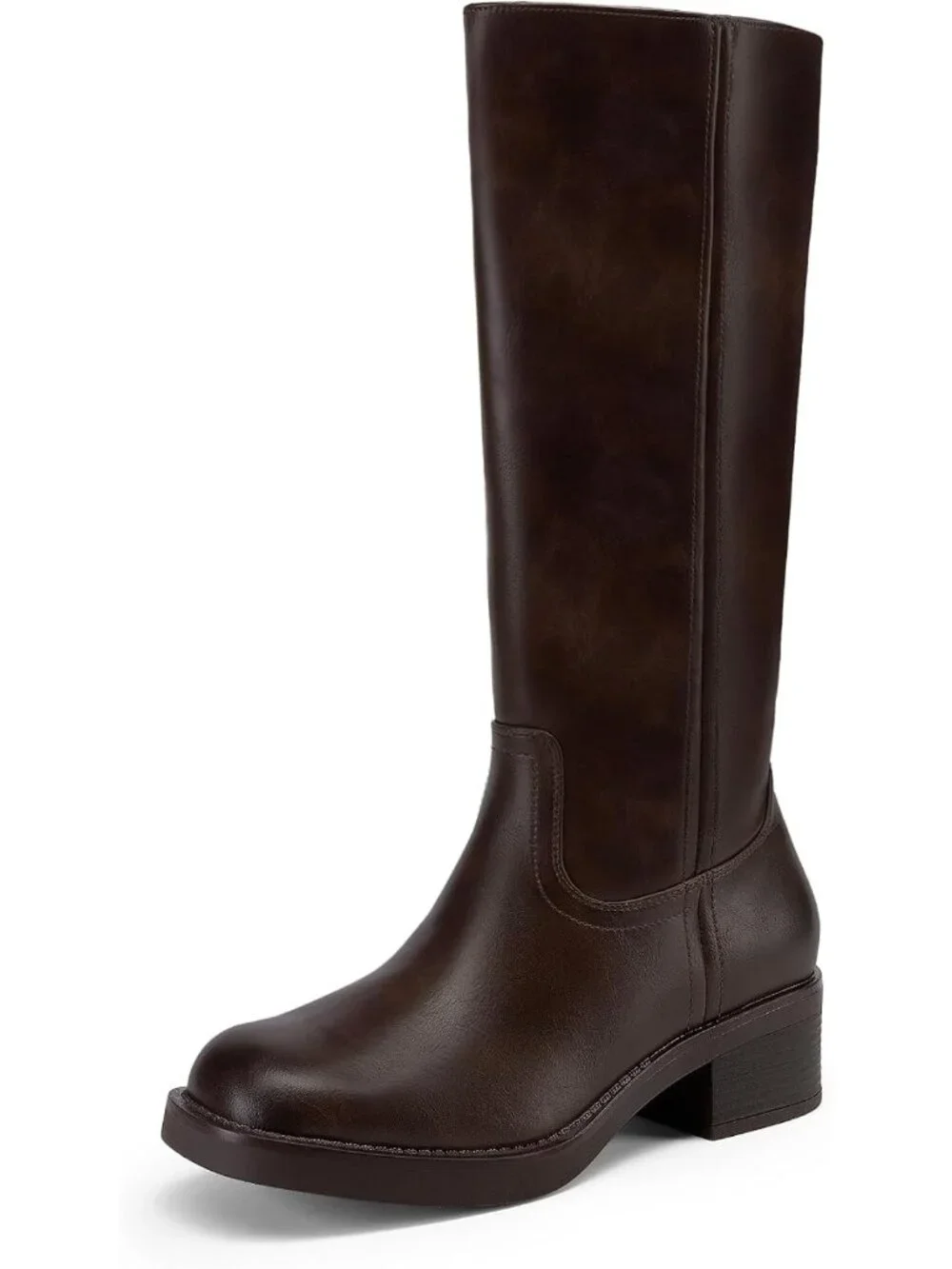 Women's Dark Brown Faux Leather Square Toe Chunky Block Heel Knee High Boots